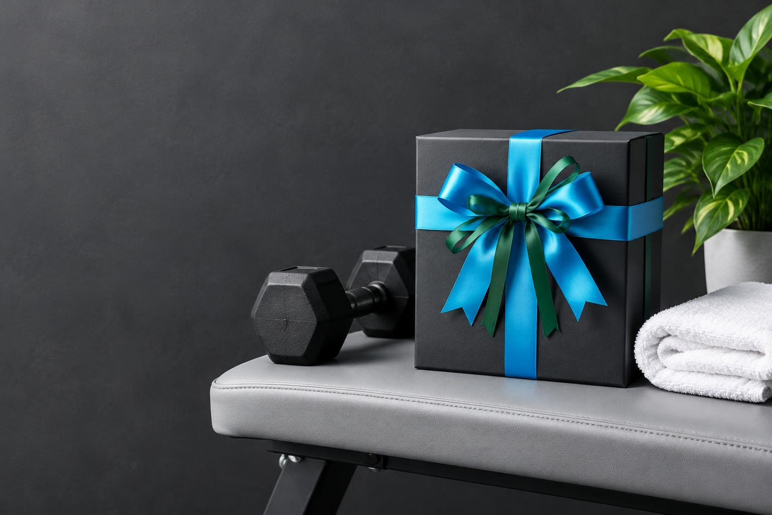 A Smarty Gift box with a blue ribbon, gym towel and dumbbell